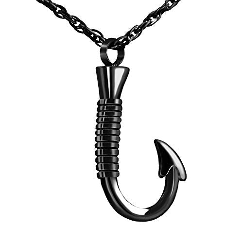 abooxiu Fishing Heart Hook Urn Necklace for Ashes Fish Heart Hook Stainless Steel Cremation Jewelry - Black Non-engraving