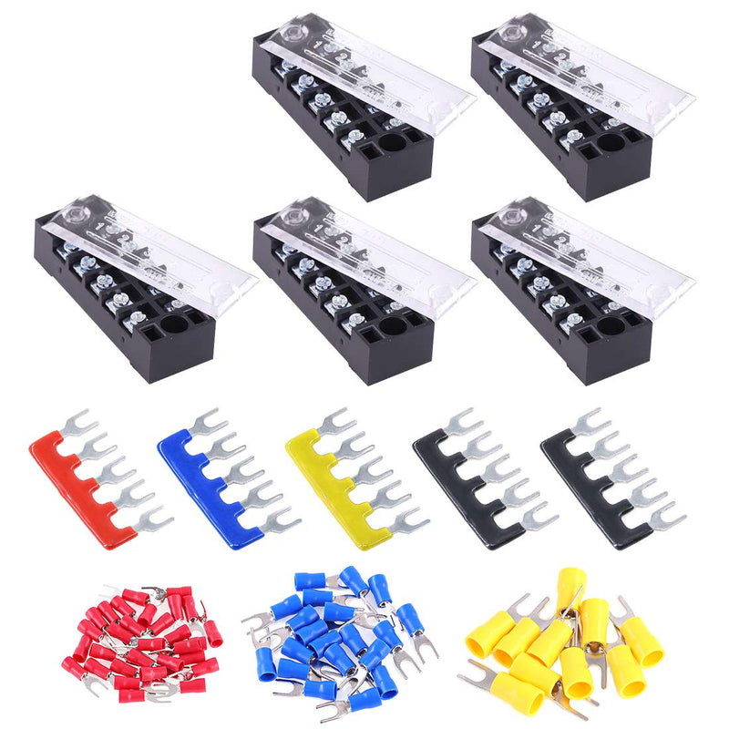 [Australia - AusPower] - Glarks 70Pcs(5Sets) Terminal Block Set, 5Pcs 5 Positions 600V 15A Dual Row Screw Terminals Strip + 5Pcs Pre-Insulated Barrier Strips + 60Pcs Insulated Fork Wire Connector (5P+Fork Connector) 5P+Fork Connector 