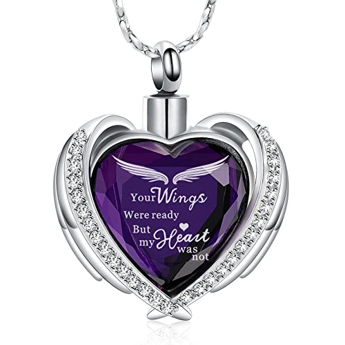 Imrsanl Cremation Jewelry for Ashes Pendant - Crystal Heart Urn Necklace with Mini Keepsake Urn Memorial Ash Jewelry Wings-Purple