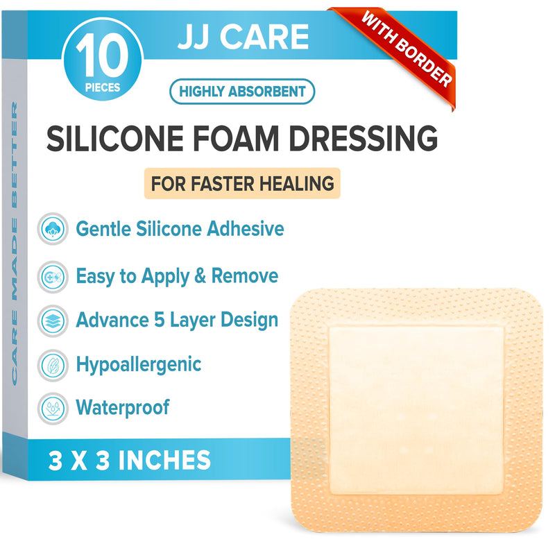 [Australia - AusPower] - JJ CARE Silicone Foam Dressing 3x3 [Pack of 10], Silicone Bandages for Wounds, Waterproof Wound Dressing with Adhesive Border, Absorbent Bed Sore Bandages for Wound Care 3" x 3" (Pack 10) 