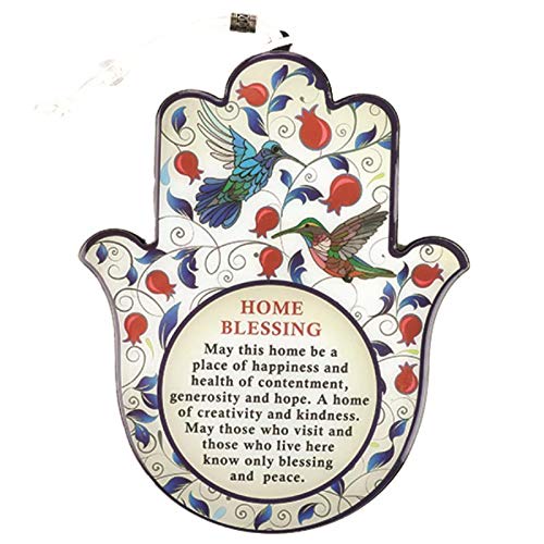 Epoxy Hamsa English Home Blessing 7.5" with Red Pomegranates Motif - Good Luck Hamsa Hand Wall Hanging Decor, Evil Eye Protection Amulet Set 7