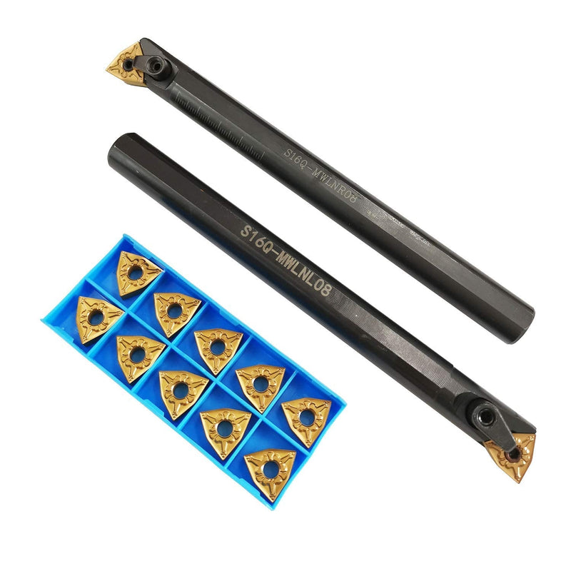 5/8'' x 7'' Turning Tool Indexable Boring Bar S16Q-MWLNR08 + S16Q-MWLNL08 with 10pcs WNMG080404-CM Indexable Carbide Turning Inserts for Metal Lathe Turning Tools