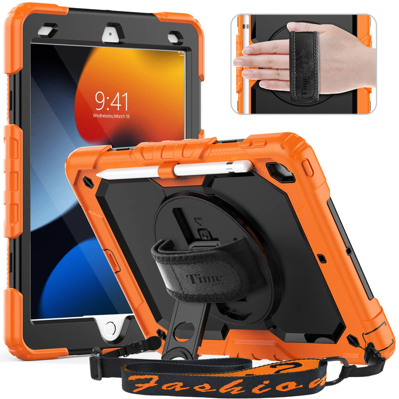 [Australia - AusPower] - Timecity Case for iPad 9th/ 8th/ 7th Generation 10.2 inch (Case for iPad 9/8/ 7 Gen): with Strong Protection, Screen Protector, Hand/Shoulder Strap, Rotating Stand, Pencil Holder - Orange Black+Orange 