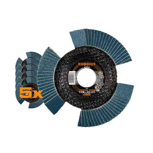 RHODIUS Vision Pro, 5 pieces, diameter 115 mm, K80 flap discs, transparent, made in Germany, metal stainless steel INOX, for angle grinder, grinding wheel, flap grinding disc | Made in Germany, transparent beim Drehen, freie Sicht aufs Werkstück, für M...