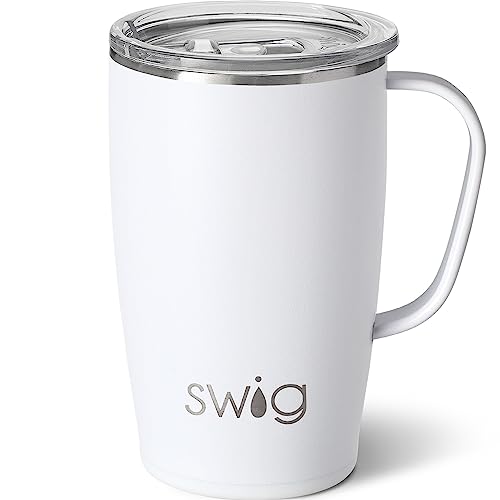 Swig 18oz Stainless Steel Travel Mug, Insulated Tumbler with Handle and Lid, Dishwasher Safe (Shimmer Diamond White) 18 Ounces