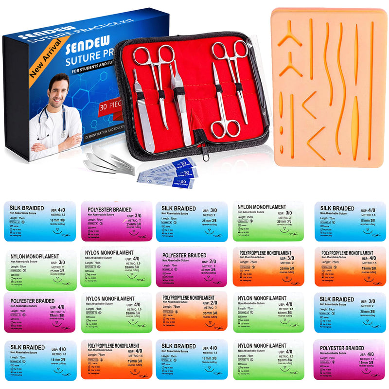 [Australia - AusPower] - Suture Kit (30 Pcs) for Training Suture Pad Practice Kit for Medical Dental Vet Training Students, Including Large Silicone Pad,Tool Kit with Needles-Demonstration Purpose Only 
