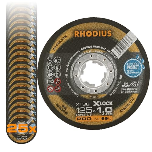 RHODIUS XT38 X-LOCK Metal Cutting Disc 125mm x 1.0mm x 22.23mm (Pack of 25) | For stainless steel and steel, made in Germany, fast and precise cuts, long service life, for X-LOCK angle grinders Pack of 25 125 x 1.0 X-LOCK