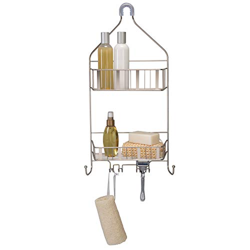 Laura Ashley Aristo Shower Caddy | Dimensions: 10"x 4"x 22" | Durable | Holds Large Bottles | 4 Razor Hooks | 2 Hooks | Holds Luffas | Holds Wash Clothes | Shower Accessories| Satin