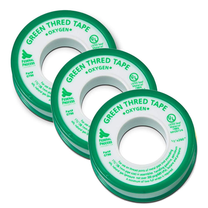 [Australia - AusPower] - Gasoila Green PTFE High Density Thread Tape for Oxygen, -450 to 550 Degree F Performance Temp, 3.7 mil Thick, 260" Length, 1/2" Width, 3-Pack (GT90-3) 3 Rolls - 1/2 Inches x 260 Inches 