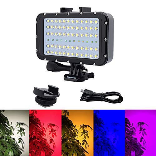 Suptig Video Lighting Dive Light Underwater Lights 72 Led Lights Compatible for Gopro Canon Nikon Pentax Panasonic Sony Samsung SLR Cameras 5 Kinds of Illuminating Colors Waterproof 147ft(45m) Black