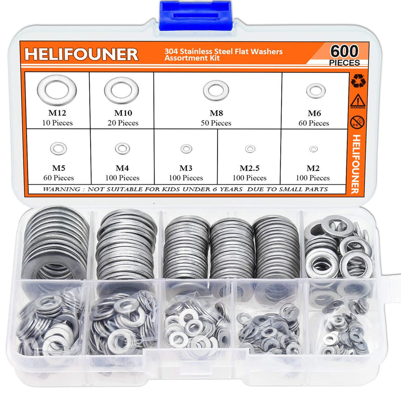 [Australia - AusPower] - 600 Pieces 9 Sizes 304 Stainless Steel Flat Washers Assortment Kit (M2 M2.5 M3 M4 M5 M6 M8 M10 M12) 