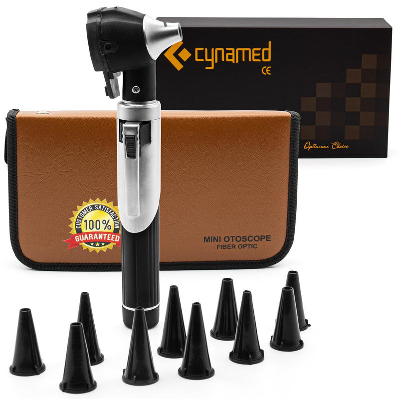 [Australia - AusPower] - Cynamed Mini Otoscope - Portable Ear Light and Exam Kit for Home and Professional Use - 4X Magnifying Fiber Optic Scope with Spare Tips, Bulb, and Carrying Case - Pocket Diagnostic Equipment (Black) Black 