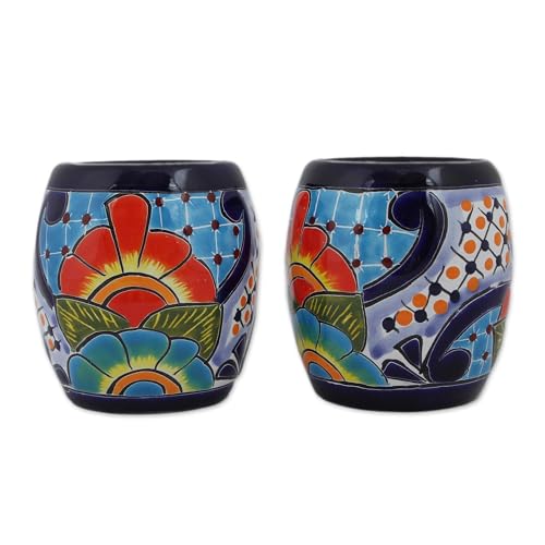 NOVICA Artisan Handmade Ceramic Juice Talavera from Mexico Multicolor Tableware Drinkware Tumbler Water Cocktail Hacienda 'Raining Flowers'(Pair)