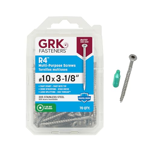 GRK R4 stainless steel #10 x 3-1/8 inch outdoor wood screws, 70-piece pack with T-25 bit