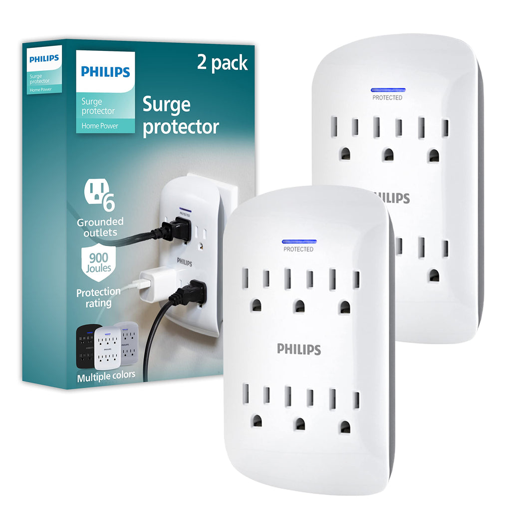 [Australia - AusPower] - Philips 6-Outlet Extender Surge Protector, 2 Pack, Wall Tap, 900 Joules, 3-Prong, Space Saving Design, Protection Indicator LED Light, ETL Listed, White, SPP3466WA/37 