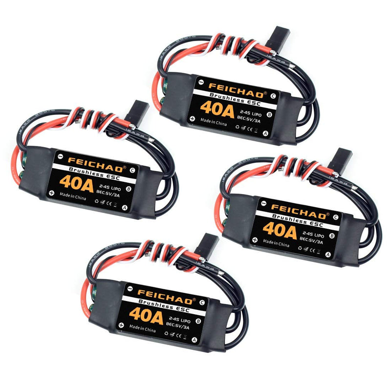FEICHAO 40A Brushless ESC 2-4S Speed Controller with 5V 3A BEC for Fixed Wing DIY RC Multi-axis Aircraft Drone Helicopter (4Pcs Long Cable)