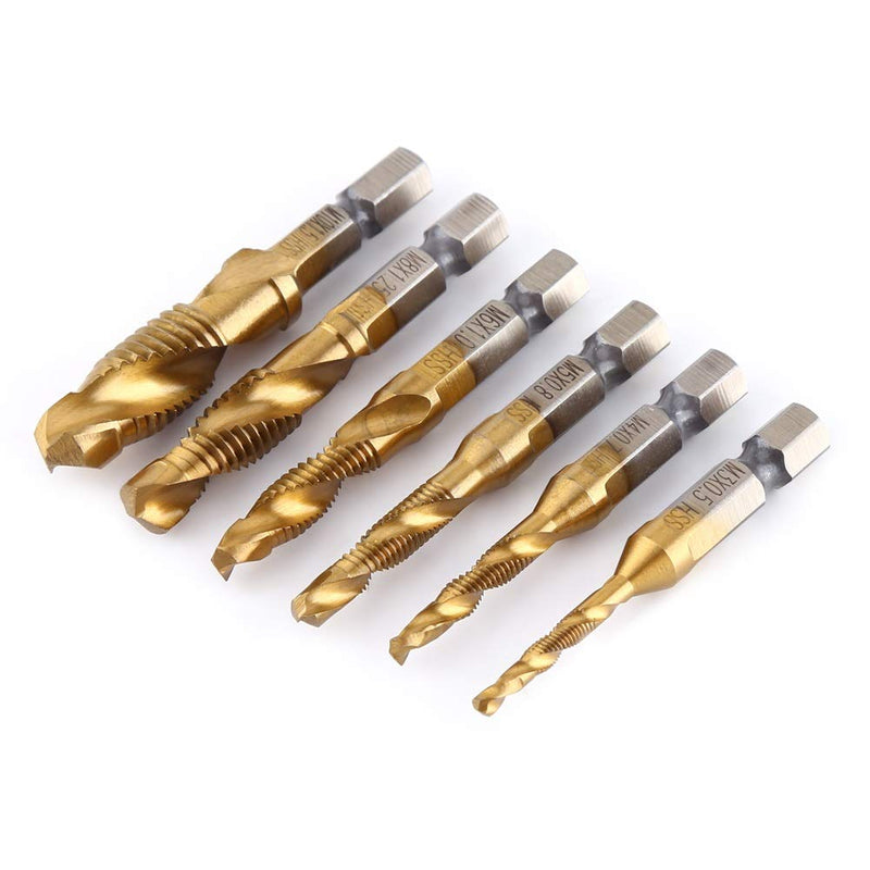MAGT Tap Set, 6 Pieces Metric Thread M3-M10 Tap Cutter Set Titanium Coated HSS Drill Bits Set 1/4 Inch Hex Shank