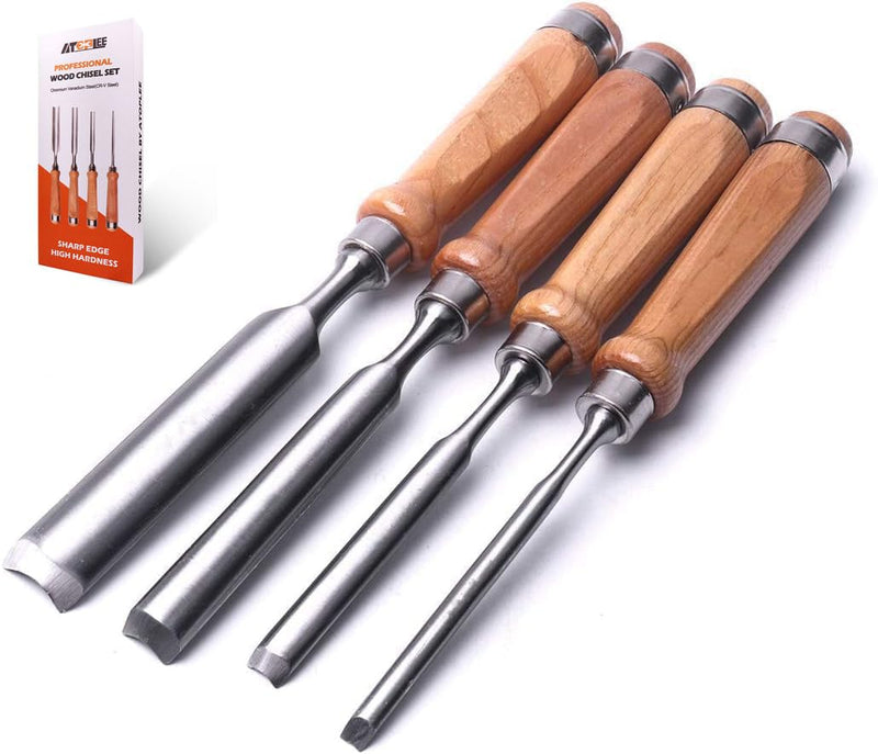 [Australia - AusPower] - ATOPLEE 4 Pieces Wood Chisel Set for Woodworking, Professional Wood Chisel Tool Carpenter Gouge CR-V Steel Semi-Circular Edge Sharp Blade 8mm(5/16")/12mm(1/2")/18mm(3/4")/25mm(1") (Full Size-4PCS) Full Size-4PCS 