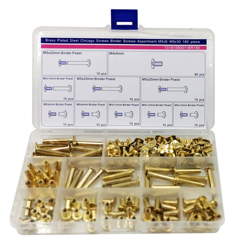 [Australia - AusPower] - Chicago Screws Binding Screws Posts Assortment Kit Brass Plated Steel 180-Piece 