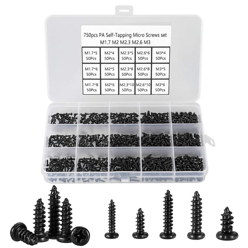 [Australia - AusPower] - 750 Pcs Small/Micro/Tiny/Mini Self-Tapping Screws, M1.7-M3 Phillips Pan Head, Cross Recessed, DIY Electronic, Carbon Steel (Black) 