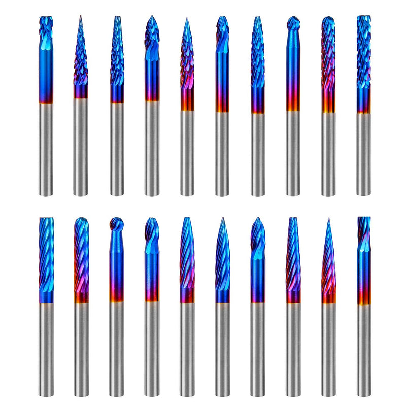 Hakkin 20 Pcs Carbide Rotary Burrs Set, End Mill CNC Router Bit, 1/8" Shank Nano Blue Coating Ball Nose End Mill, Double Cut Coat Rotary Drill for Die Grinder Woodworking, Engraving, Drilling, Carving