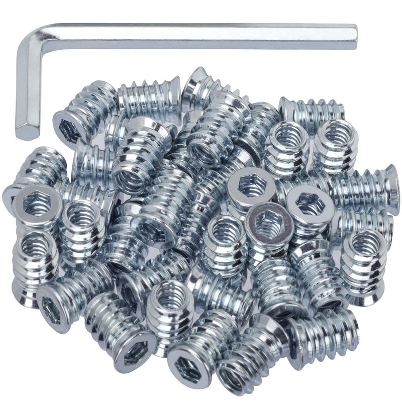 40 Pack Threaded Insert Nutsert, 1/4"-20 x 15mm Screw in Nut Threaded Wood Inserts, for Wood Furniture(with 1/4" Allen Wrench) Silver