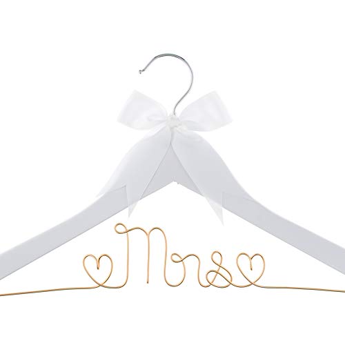 Ella Celebration Mrs Wedding Dress Hanger, Wood and Wire Hangers for Bride to be Gown (White with Light Gold Wire) White With Light Gold Wire