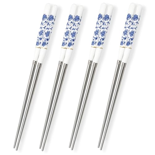 Mandala Crafts reusable floral 100% titanium chopsticks with case, set of 4 pairs, featuring intricate mandala designs.