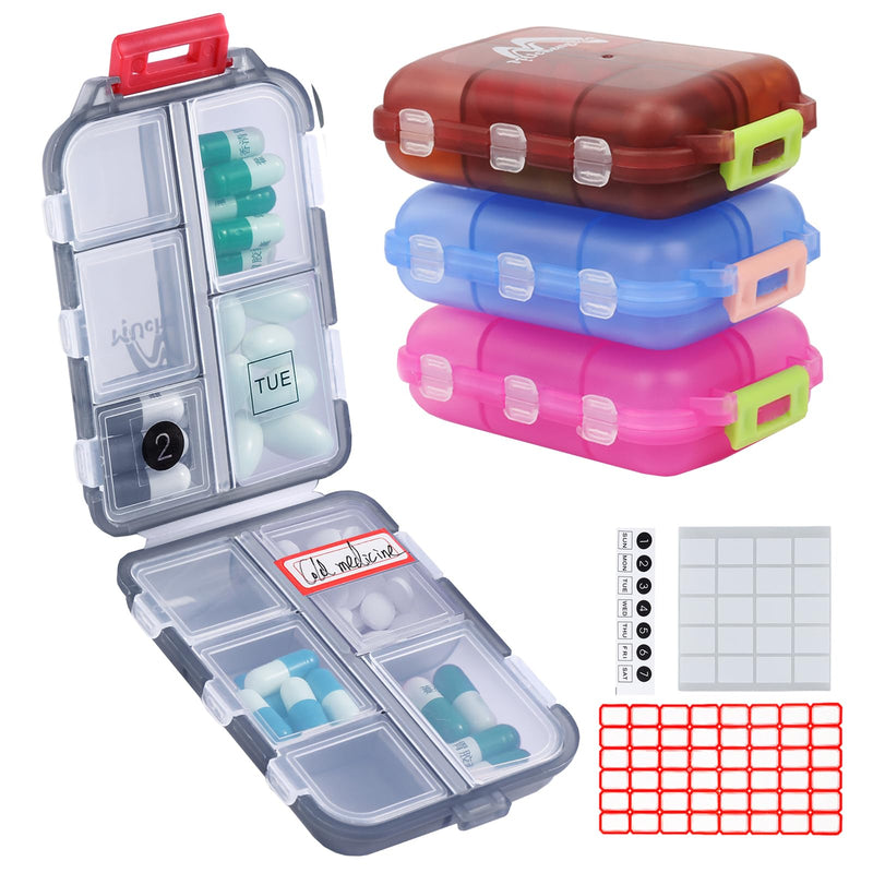 [Australia - AusPower] - 4PS Travel Pill Organizer with 164 Slice Labels?10 Compartments Travel Pill Box Portable Folding Small Pill Case Daily Pill Container Used for Carry Storage Medicine Organizer by M MUchengbao Dark Red + Gray + Pink + Blue 