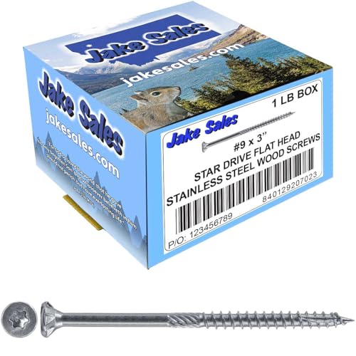 Jake Sales #9 x 3-inch silver stainless steel wood screws with Torx star drive heads, 1-pound pack