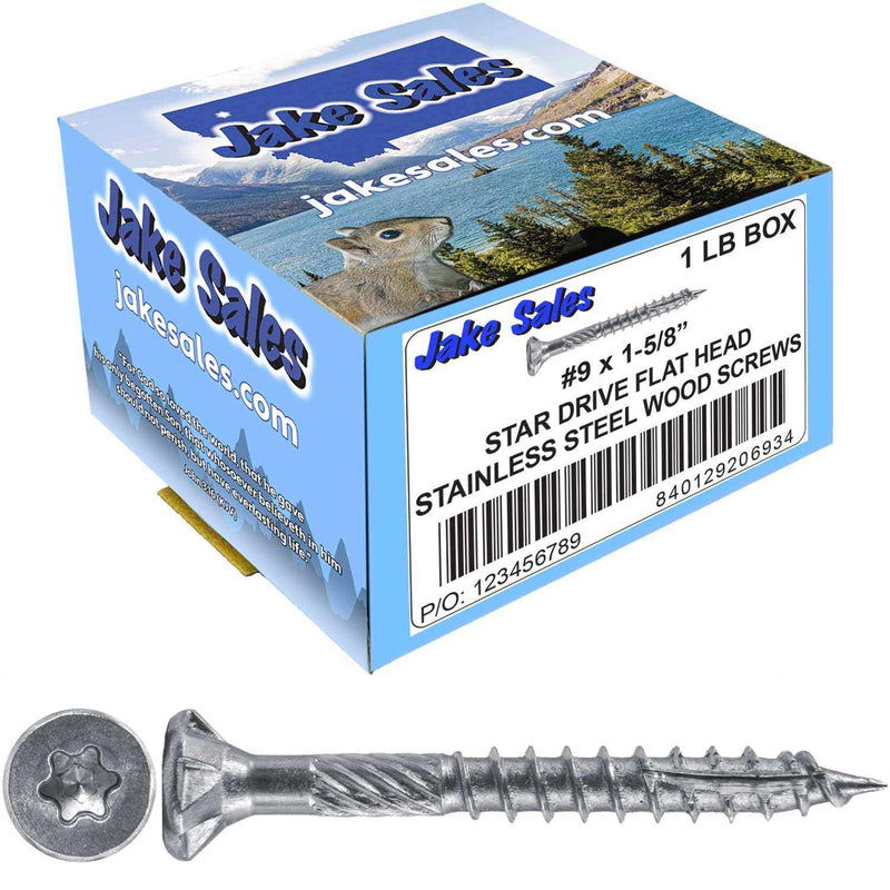 Jake Sales #9 x 1-5/8" Silver Star Stainless Steel Wood Screw Torx/Star Drive Head - Grade 300 Series Stainless Steel Torx/Star Drive Wood Screws - (1 Pound - 164 Approx. Screw Count) #9 x 1-5/8" 1 POUND - 164 Approx. Screws