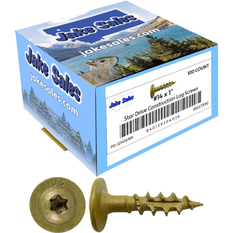 Jake Sales #14 x 1" Construction Lag Screw Torx/Star Drive Heavy Duty Structural Lag Screw Far Superior to Common Lag Screws (100 Screw Count) Exterior Coated - ACQ Compatible Wood Screws #14 x 1" - 100 Count