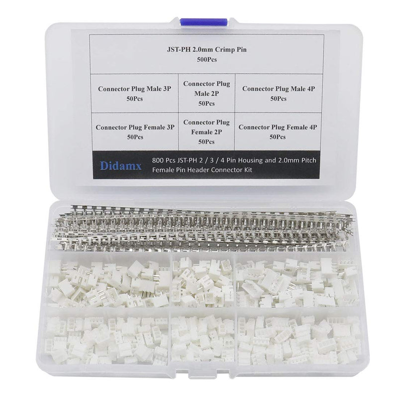 [Australia - AusPower] - Didamx 800 Pcs 2.0mm JST-PH 2/3 / 4 Pin Housing and Female Pin Header Connector Adapter Plug Set 