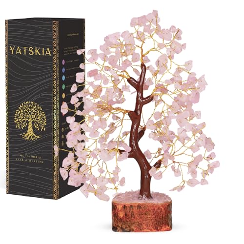 YATSKIA Rose Quartz Tree | Crystal Tree Gifts for Women | Gemstone Decor | Crystals and Gemstones | Pink Home Decor | Birthday Gifts for Women | 10 Inch 300 Beads 10in Rose Quartz Golden Wire