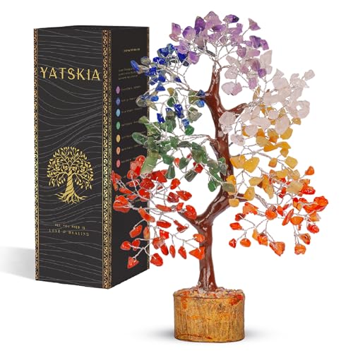 Yatskia Chakra Tree of Life - Crystals and Healing Stones - Feng Shui Decor - Meditation Accessories - Gift for Spiritual People - Handmade Crystal Tree with Seven Natural Chakra Crystals 10in Seven Chakra (Silver Wire)