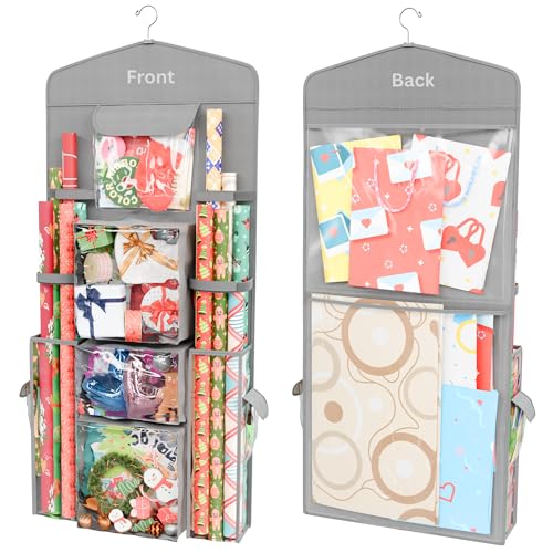 ProPik Hanging Double Sided Christmas Gift Wrapping Paper Storage Organizer With Multiple Pockets Organize Your Gift Wrap, Gift Bags Bows Ribbons 40"X17" Fits 40 Inch Rolls Clear PVC Bag 1 Unit (Grey) Grey