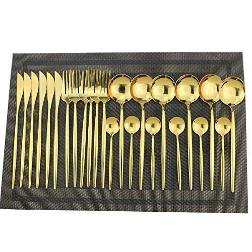 24-Piece Silverware Set - 18/10 Stainless Steel Reusable Utensils Forks Spoons Knives Set, Mirror Polished Cutlery Flatware Set, Great for Family Gatherings & Daily Use (6 set, Gold)