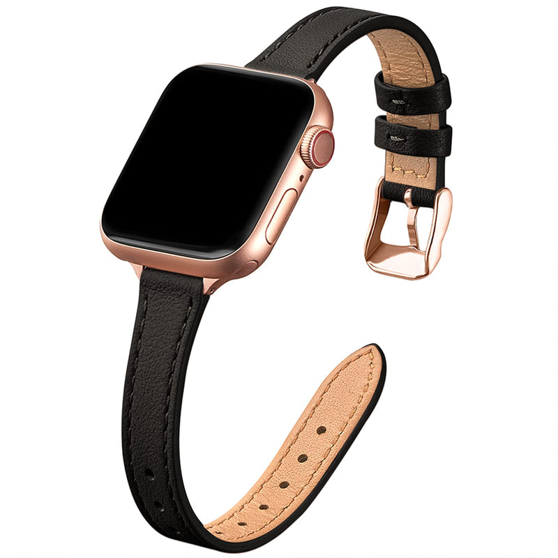 [Australia - AusPower] - STIROLL Slim Leather Bands Compatible with Apple Watch Band 38mm 40mm 41mm 42mm 44mm 45mm 49mm, Top Grain Leather Watch Thin Wristband for iWatch Ultra SE Series 9/8/7/6/5/4/3/2/1 Black with Rose Gold 38mm/40mm/41mm 