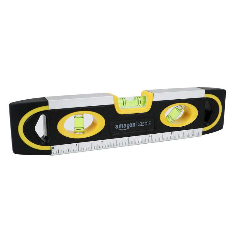 Amazon Basics Magnetic Torpedo Spirit Level and Ruler Spirit Level Solder / Spirit Level / 180-90-45 Degree Bubbles 22.8 cm (9 inches), Black, Yellow