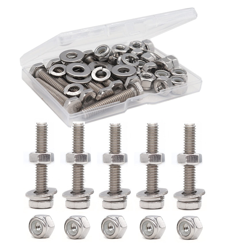 [Australia - AusPower] - binifiMux 1/4-20 x 1" Hex Bolts Screws, with 1/4-20 Nylon Inserted Lock Nuts / 1/4 Washers / 1/4-20 Hex Nuts, 304 Stainless Steel /A2-70, Silver Tone, 50pcs 1/4-20" x 1" (10-Pack) 