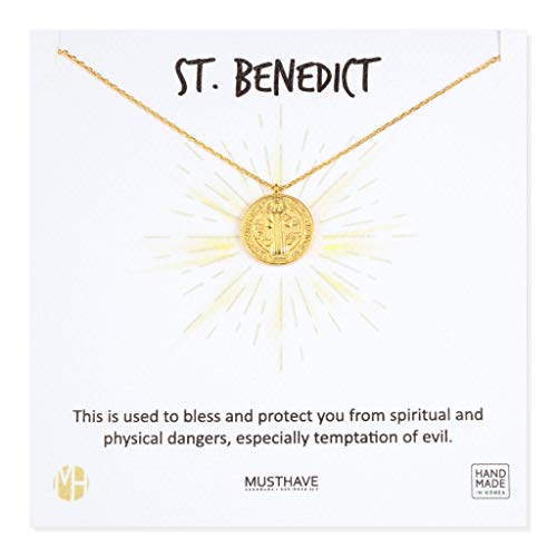 MUSTHAVE ST. Benedict Coin 18K Gold Plated Necklace With Message Card, Yellow and White Color, Anchor Chain, Best Gift Necklace, Size 16 inch + 2 inch Extender, Pendant Yellow Gold