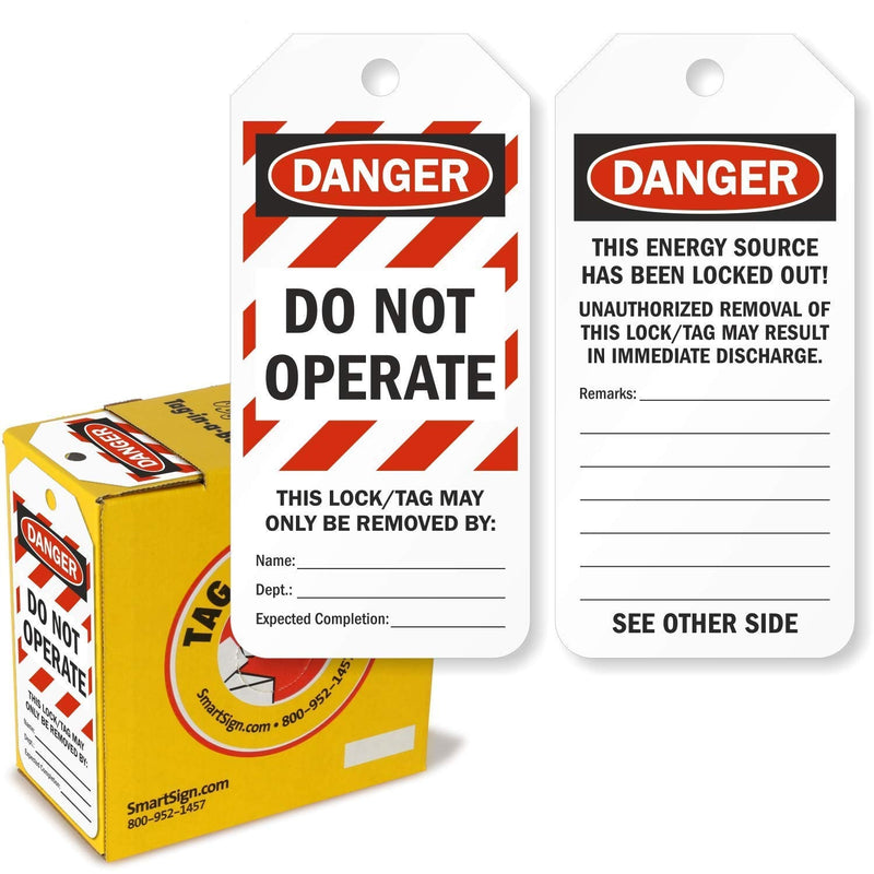 SmartSign Pack of 100 “Danger - Do Not Operate” 2-Sided Lock Out Safety Tags in Dispenser Box | 3" x 6.25" Plastic, Red White Stripes Do Not Operate - 1