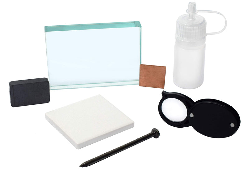 [Australia - AusPower] - EISCO Mineral ID Kit - 7 Pieces - includes Streak Plate, Glass Plate, Dropper Bottle, Magnet, Nail, Copper Square & Retractable Hand Lens - Great for Geology Classrooms & Basic Field Testing 