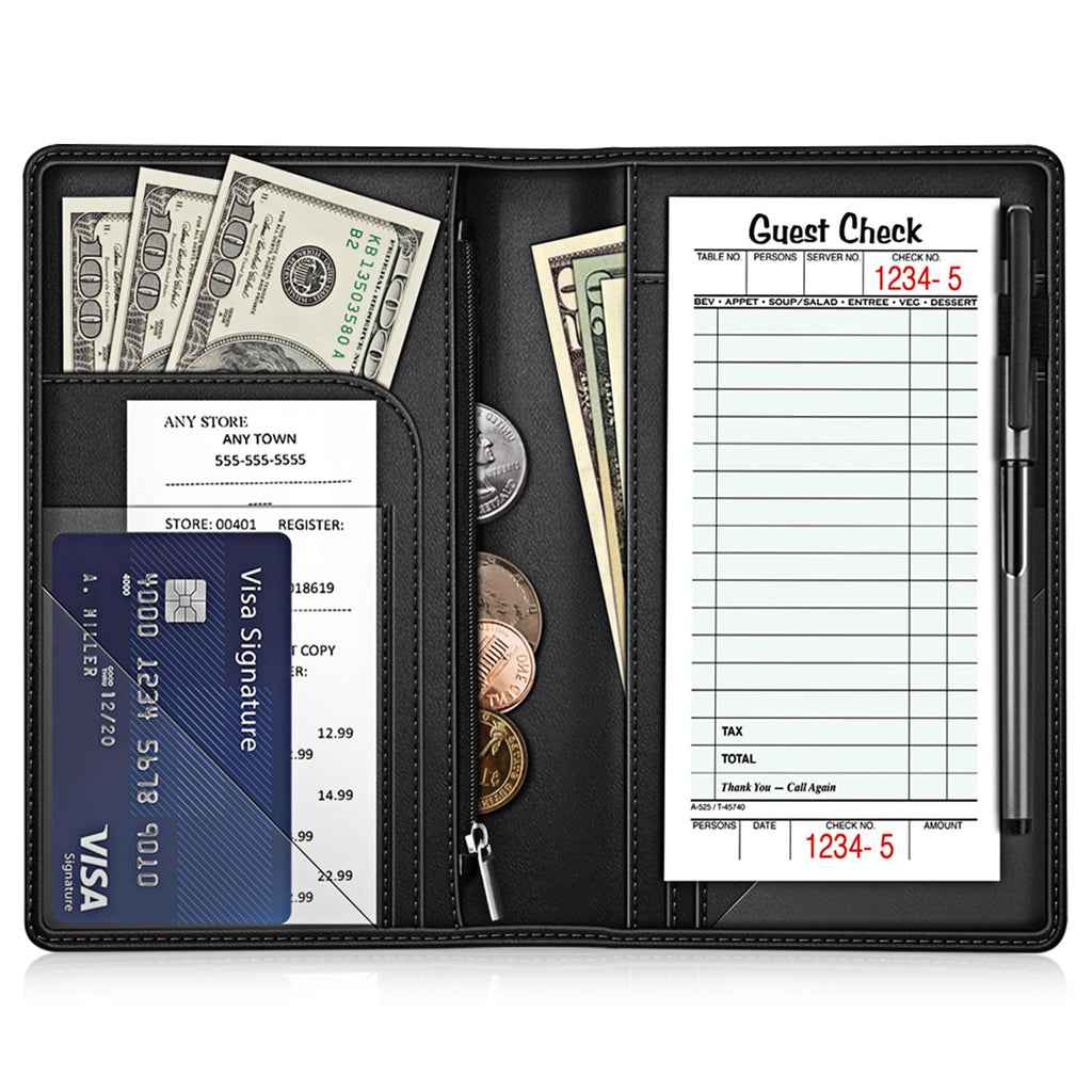 Fintie Server Book Organizer with Zipper Pocket, PU Leather Restaurant Guest Check Presenters Card Holder for Waitress, Waiter, Bartender (Black) Black