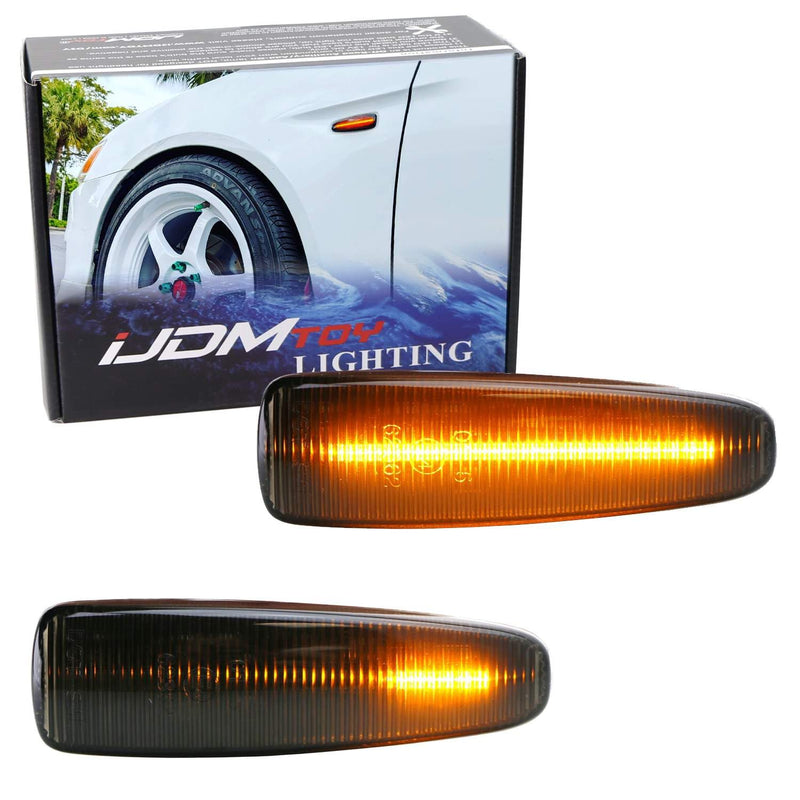 iJDMTOY Smoked Sequential Blink Amber LED Side Marker Light Assembly Compatible With Mitsubishi Lancer Evo X Mirage Outlander Sport, Powered by 36-SMD LED, Replace OEM Sidemarkers Smoked Lens Amber Sequential LED