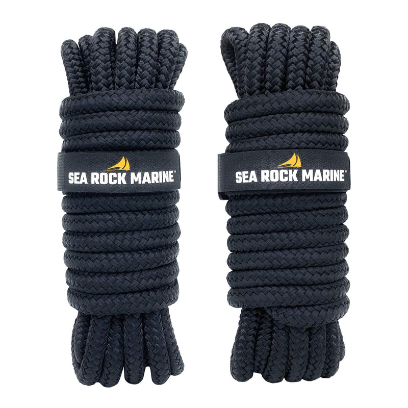 Premium Double Braided Nylon Dock Lines w 12” Eyelet & Bundle Ties - For Boats, Marine Rope, Boat Accessories - Black Black - 2 Pack 15' x 3/8"