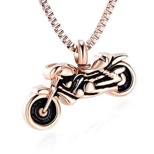 XSMZB Motorcycle Urn Necklace Cremation Jewelry for Ashes Motorbike Necklace Pendent Stainless Steel Keepsake Memorial Urn Necklace for Men Women Rose Gold