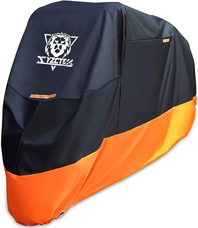XYZCTEM Motorcycle Cover – All Season Waterproof Outdoor Protection – Precision Fit up to 97 Inch Tour Bikes, Choppers and Cruisers – Protect Against Dust, Debris, Rain and Weather (Black& Orange) 97"