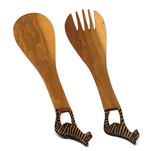 Global Crafts Hand Carved Mhugu Zebra Salad Serving Set - Wood Flatware, Set of 2