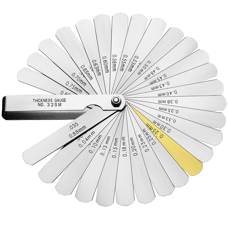 [Australia - AusPower] - Universal Feeler Gauge Set Stainless Steel Thickness Gauge 32 Blades 0.04-0.88 mm (0.0015-0.035 Inch) Metric/Imperial for Measuring Gap Width and Thickness for Guitar, Spark Plug, Piston Measure 